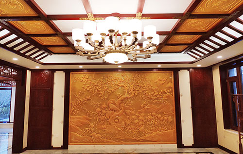 巩义中式别墅客厅中式木作横梁吊顶装饰展示
